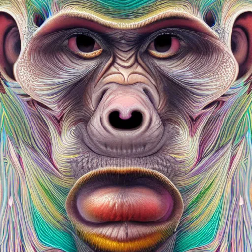 Image similar to An extremely psychedelic portrait of a monkey, surreal, LSD, face, detailed, intricate, elegant, lithe, highly detailed, digital painting, artstation, concept art, smooth, sharp focus, illustration