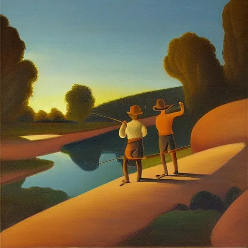 Image similar to “a beautiful painting of a man and his son fishing at the side of a lazy river, golden hour by Thomas Hart Benton, oil on masonite”