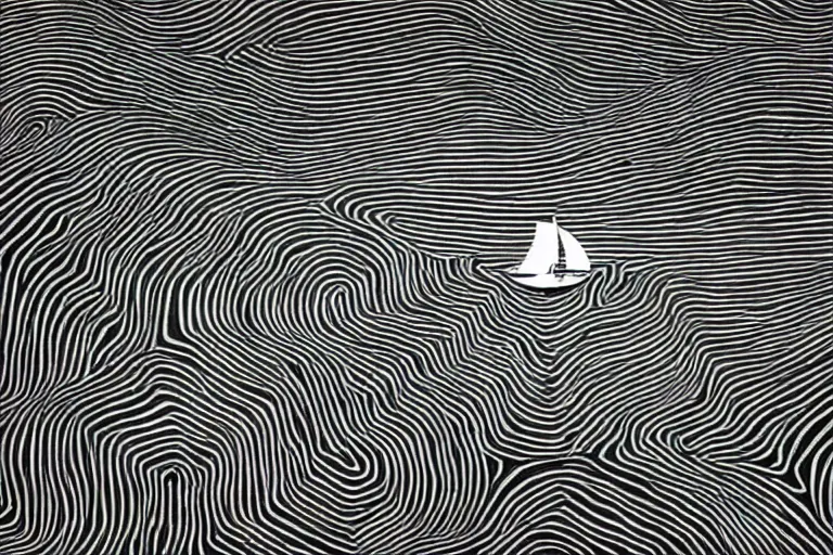 Image similar to a black and white photo of an ocean with a tiny ship in the waves, an album cover by hallsteinn sigurðsson, trending on behance, optical illusion, chillwave, concert poster, poster art