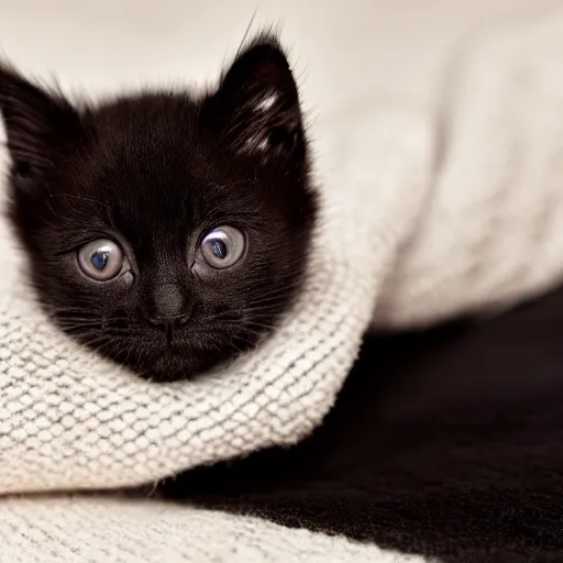 Prompt: a cute tiny black kitten on a blanket, cute photo, 4 k hd