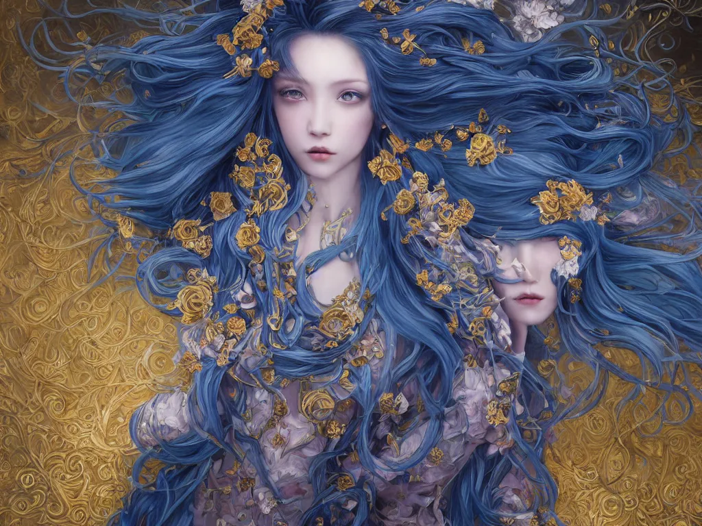 Prompt: breathtaking detailed painting of a full shot knight queen with long flowing bright blue hair, pastel flowers petals and golden tumultuous clouds, art by pilyeon and yuumei art, symmetrical facial features, at dawn in front of a pristine golden art nouveau cathedral, elegant, volumetric lighting, highly detailed, artstation, concept art, matte, sharp focus,