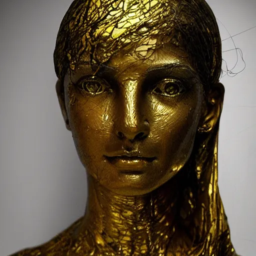 Image similar to a masterpiece marble sculpture of the veiled cleopatra, subsurface cracks, !dramatic !face, !female, covered in intricate !detailed golden !!streaked veil , physically based rendering, ultra photo realistic, cinematic lighting , dark background by Dan Hillier