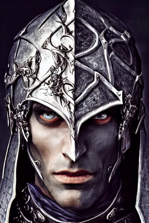 Prompt: head and shoulders portrait of an eldritch knight, drow, dark elf, shadar kai, male, breastplate, magical, high fantasy, d & d, by annie liebovitz, face details, extremely detailed, vogue fashion photo