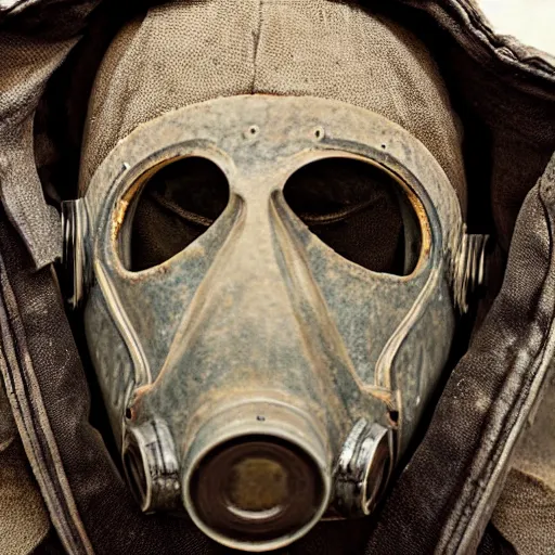 Image similar to close up front facing gas mask, striking photograph