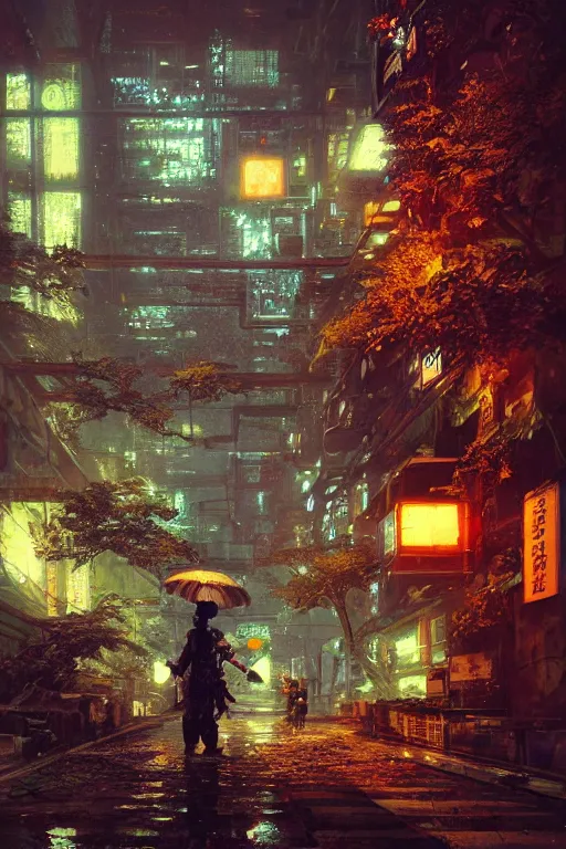 Image similar to vintage autochrome photo of ancient overgrown cyberpunk tokyo with robot by craig mullins, rutkowski, hiroshi yoshida, night, rain, flowers, beautifully lit, hyperdetailed, unreal engine, 3 d rendered, photorealistic, artstation, cgsociety