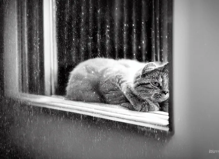 Image similar to photography of a Cat . watching outside the window while it rains. on a bed. in a 70's room full of vinyls and posters, photorealistic, raining award winning photo, 100mm, sharp, high res