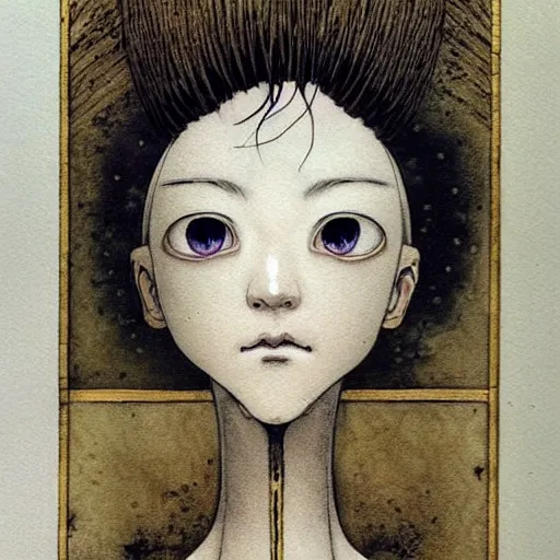 Image similar to prompt: Fragile looking vessel portrait face drawn by Katsuhiro Otomo, inspired by Carlo Dolci, magical and alchemical objects on the side, soft light, white background, intricate detail, intricate ink painting detail, sharp high detail, manga and anime 2000