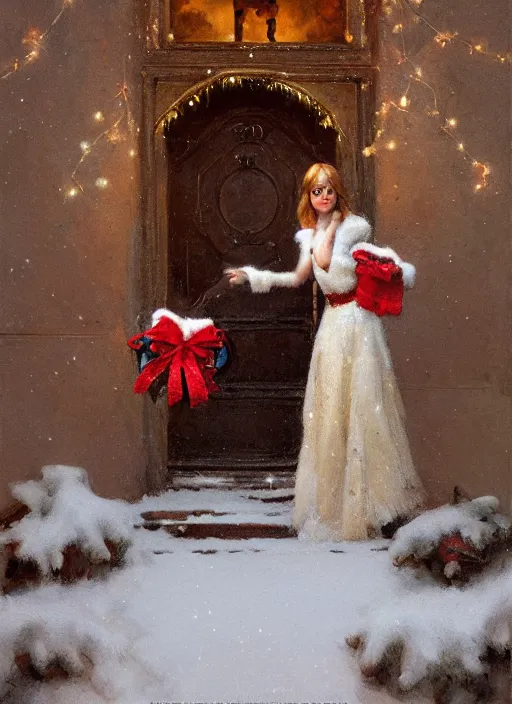 Image similar to emma stone opening door, wreath on door, christmas, artwork by gaston bussiere, craig mullins, trending on artstation