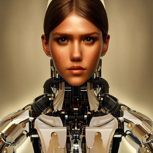 Prompt: oil paining of robotic humanoid ( white jessica alba ), intricate mechanisms, highly detailed, professional digital painting, unreal engine 5, photorealism, hd quality, 8 k resolution, cinema 4 d, 3 d, cinematic, professional photography, art by artgerm and greg rutkowski and alphonse mucha and loish and wlop