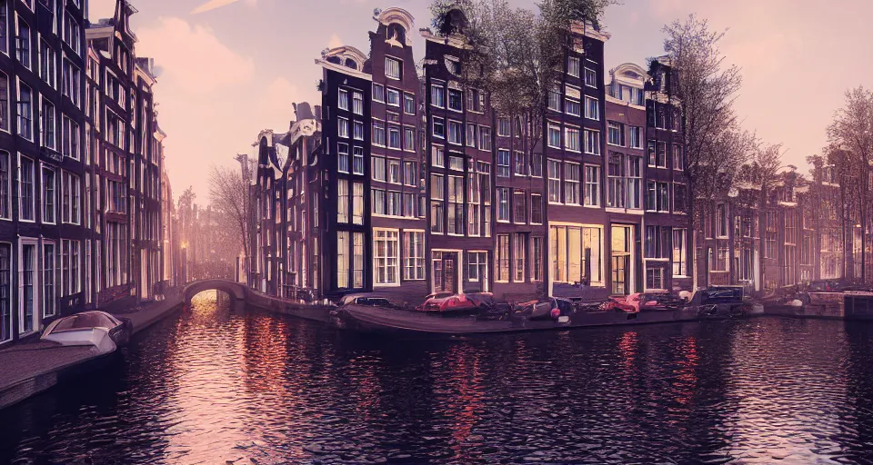 Prompt: amsterdam in the year 2 1 0 0, intricate artwork by tooth wu and wlop and beeple, octane render, hyper realism, 8 k
