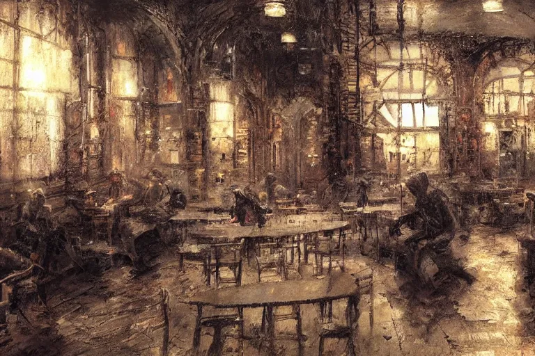 Image similar to An empty jazz cafe, moody scene, highly detailed, intricate, sharp details, dystopian mood, 1950 scene by gaston bussiere, craig mullins, somber lighting, drawn by Giacomo Burattini, inspired by graphic novel cover art