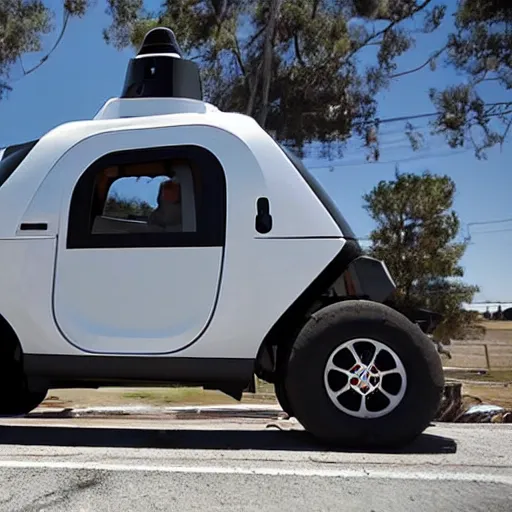 Image similar to weaponized self driving car by google equipped with multiple rocket launcher system