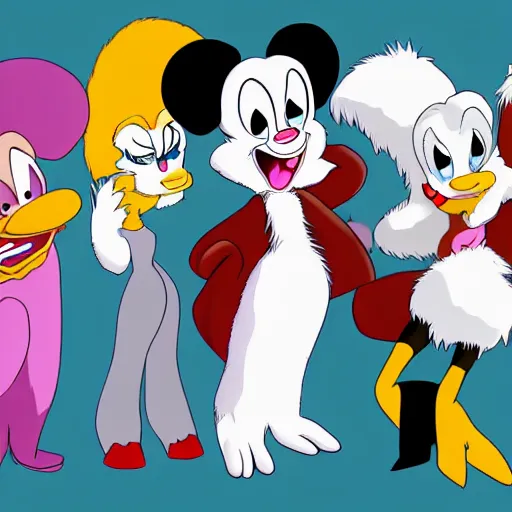 Image similar to in the style of animaniacs, anthropomorphic mink, female, white fur,