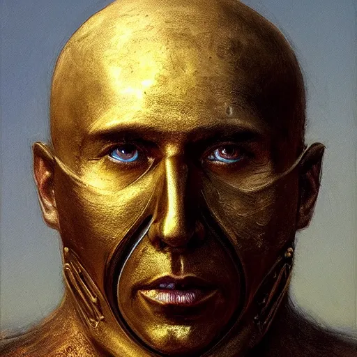 Image similar to Portrait of a priest with a golden mask with the face of Nicolas Cage dark fantasy, intricate, smooth, artstation, painted by Wayne Barlowe, zdislav beksinski