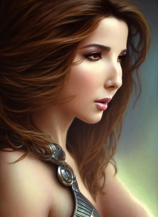 Prompt: glamorous nancy ajram portrait, front, seductive eyes and face, elegant, lascivious pose, very detailed face, studio lighting, photorealism, wearing Forerunner armor from Halo portrait by Magali Villeneuve and Steve Argyle,Livia Prima,Mucha,dress,fantasy art,beautiful,artstation,trending on artstation,intricate details,alluring,masterpiece