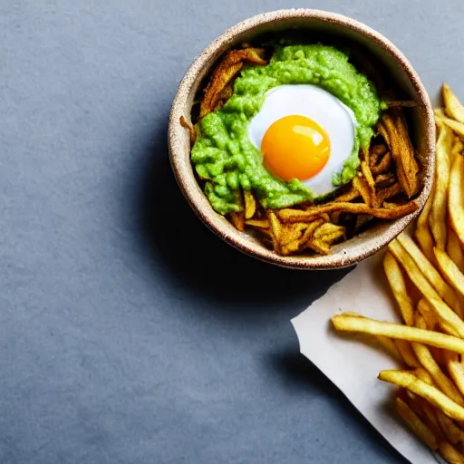 Image similar to vegan hamburger with guacamole topping crispy fried onion topping and fried egg topping next to a bowl of french fries, crispy buns, 8 k resolution, studio lighting, sharp focus, hyper - detailed