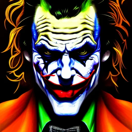 Image similar to An extremely psychedelic portrait of The Joker, surreal, LSD, face, detailed, intricate, elegant, lithe, highly detailed, digital painting, artstation, concept art, smooth, sharp focus, illustration