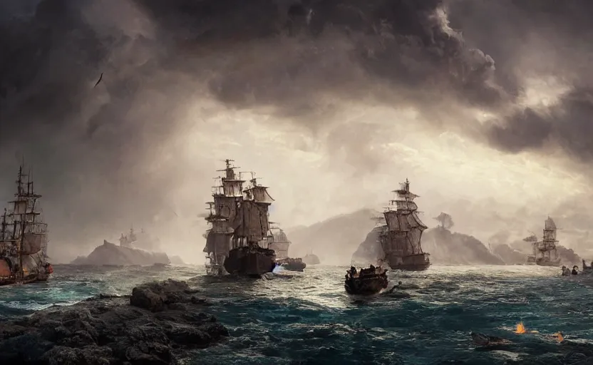 Prompt: A secret pirate shanty town and harbor full of sail ships, on a volcanic island. Sscenic view, overcast, storm on the horizon. Atmospheric matte painting by Darek Zabrocki and Emmanuel Shiu, 4k ultra detailed, cinematic.