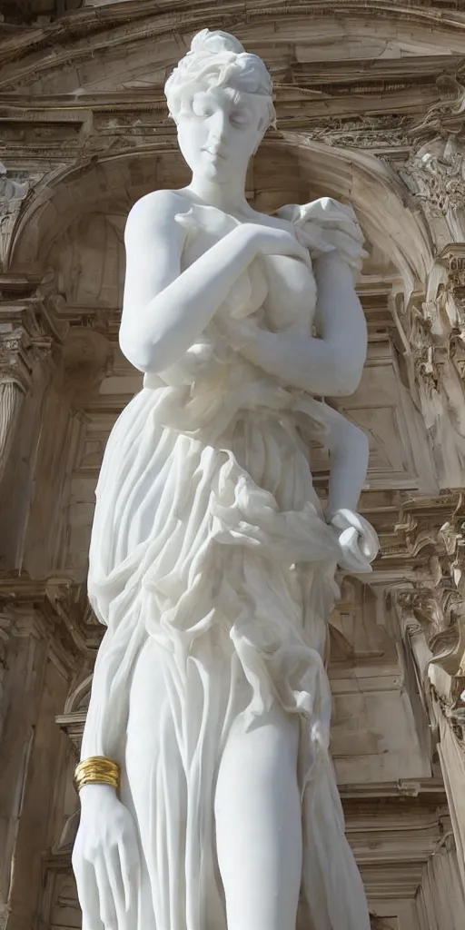 Image similar to white marble statue of a girl with a long transparent dress with gold trims, smooth shapes, rich details, ethereal background, bloodborne, aerial view, made by bernini