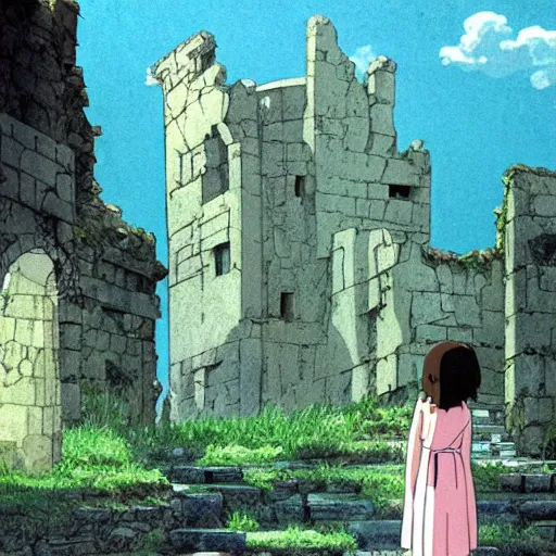 Prompt: ghost of a young girl, a ruined castle, cel shaded, studio ghibli, hayao miyazaki