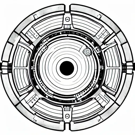 Image similar to detailed technical drawings of a symmetrical fusion arc reactor