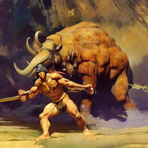 Prompt: a warrior fighting a mammoth to pretotect a girl, detailed oil painting by Frank Frazetta