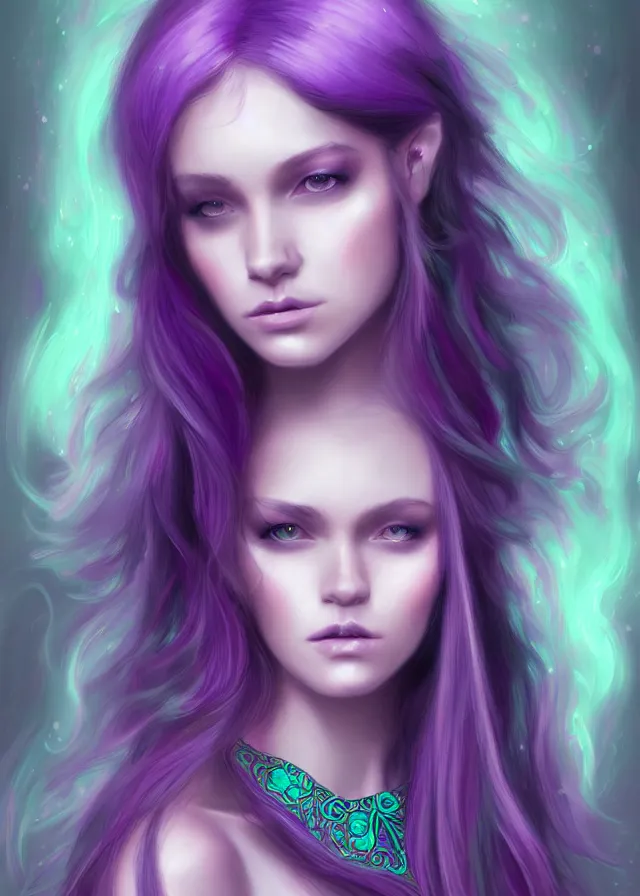 Image similar to fae teenage girl, portrait, face, long turquoise hair, purple highlights, fantasy, intricate, elegant, highly detailed, digital painting, concept art, smooth