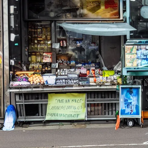 Prompt: a photo of a market stall at a street corner in the style of the film'minority report'taken from a distance, dslr