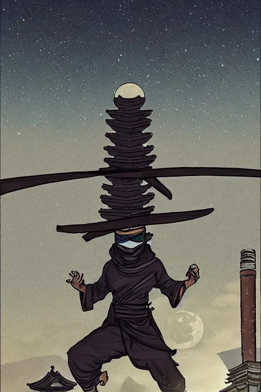 Image similar to a ninja on a roof of a japanese temple with the moon on the background, mixed media, digital art, trending on artstation, 8k, epic composition, highly detailed, AAA graphics