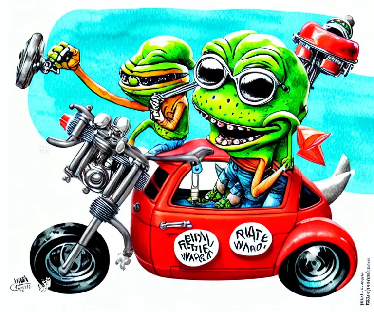 Image similar to cute and funny, pepe smiling wearing a helmet riding in a tiny hot rod harley with oversized engine, ratfink style by ed roth, centered award winning watercolor pen illustration, isometric illustration by chihiro iwasaki, edited by range murata, details by artgerm