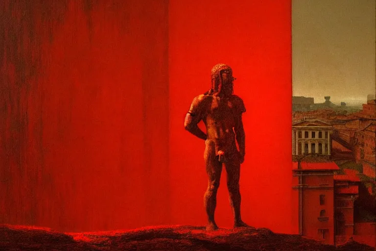 Image similar to only with red, caesar after war, a red tiger, in hoc signo vinces, rome in background, an ancient path, in the style of beksinski, part by hopper, part by rodcenko, part by hofbauer, intricate composition, red by caravaggio, insanely quality, highly detailed, masterpiece, red light, artstation