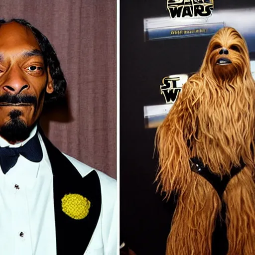 Image similar to snoop dogg as chewbacca and martha stewart as han solo in star wars