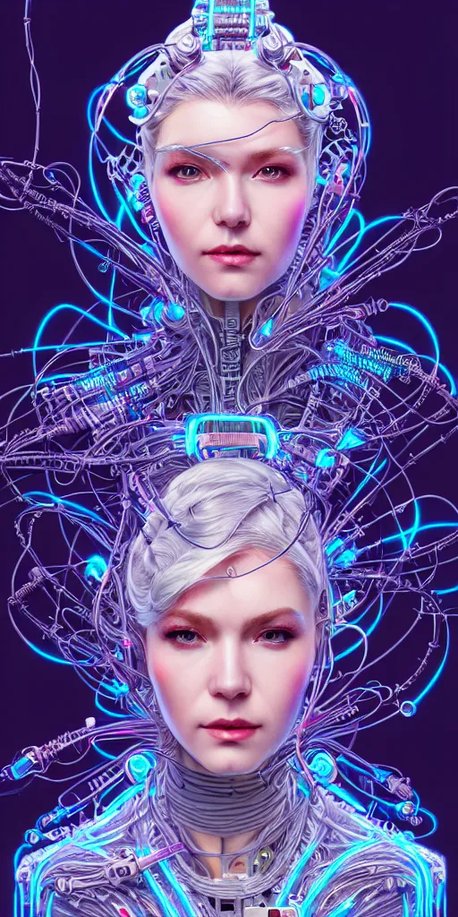 Image similar to high quality, high detailed portrait of a snow queen cyberpunk character in a futuristic world, hyperrealism, intricate details, cables, wires, connectors, led. tristan eaton, victo ngai, artgerm, rhads, ross draws, alphonse mucha, pastel colors, vintage, artstation, vector. 8 k