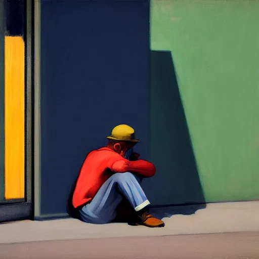 Prompt: painting of a homeless person. by edward hopper and james gilleard