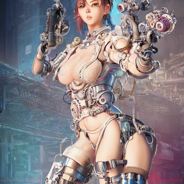 Image similar to the portrait of true neutral semi - colorful female cyborg mechanist as absurdly beautiful, gorgeous, elegant, young gravure idol, an ultrafine hyperdetailed illustration by kim jung gi, irakli nadar, intricate linework, bright colors, octopath traveler, final fantasy, unreal engine 5 highly rendered, global illumination, radiant light, detailed and intricate environment