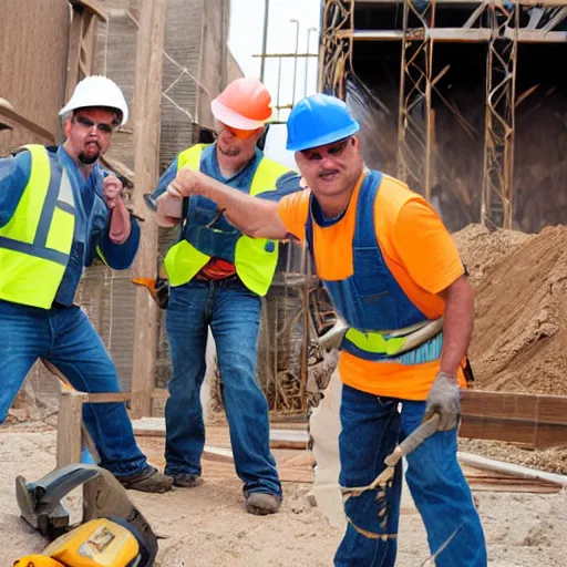 Prompt: Construction workers rave, DSLR photography