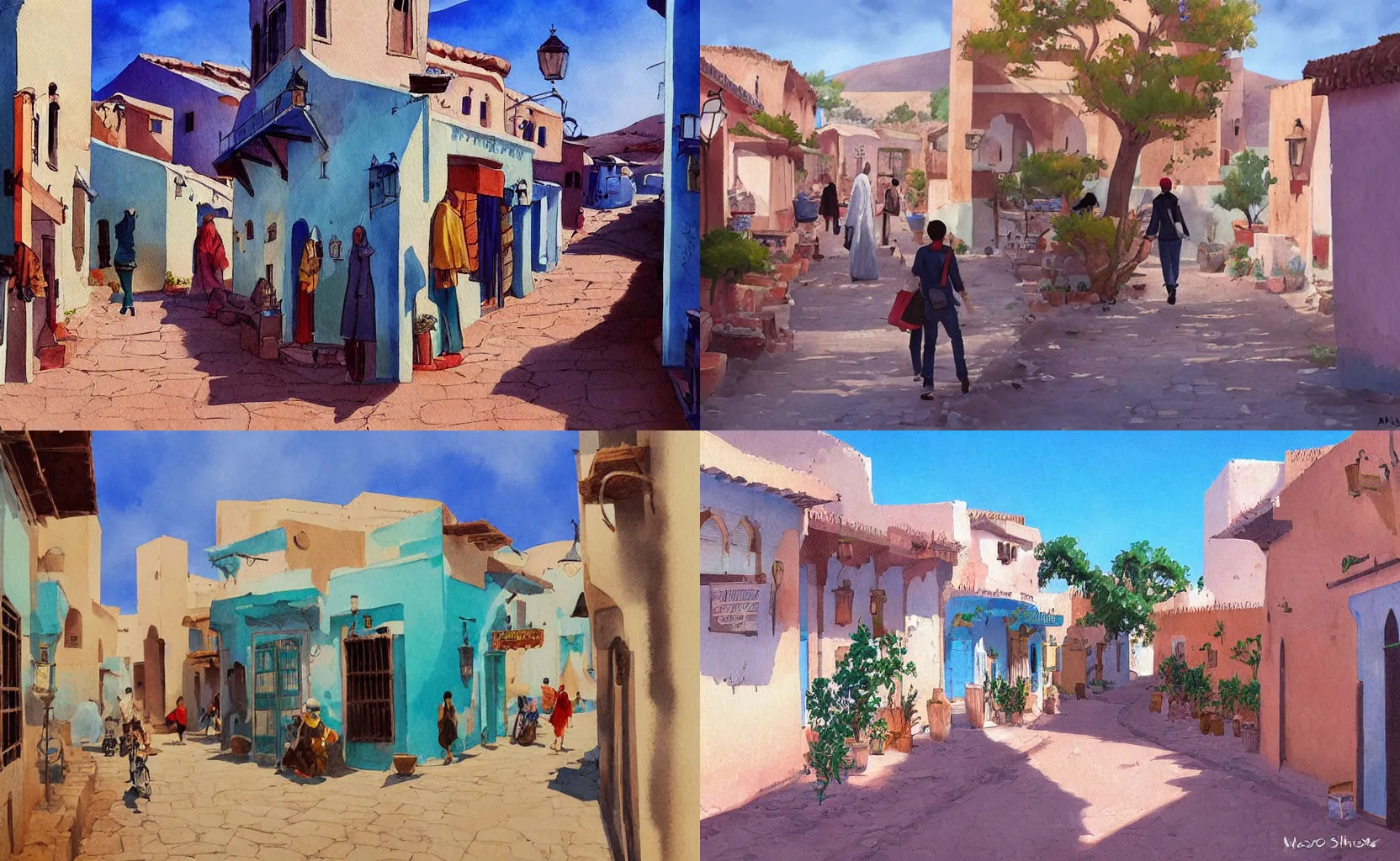 Prompt: a quaint rural Moroccan town, painting by Makoto Shinkai