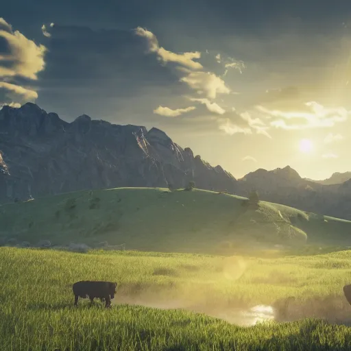 Prompt: beautiful rolling pastureland with a stream running through , with black Angus cattle in the far distance below epic mountains and sky, volumetric light, cinematic, extreme detail, epic, Unreal 5, Artstation trending, hyper-maximalist, CG society, 8K