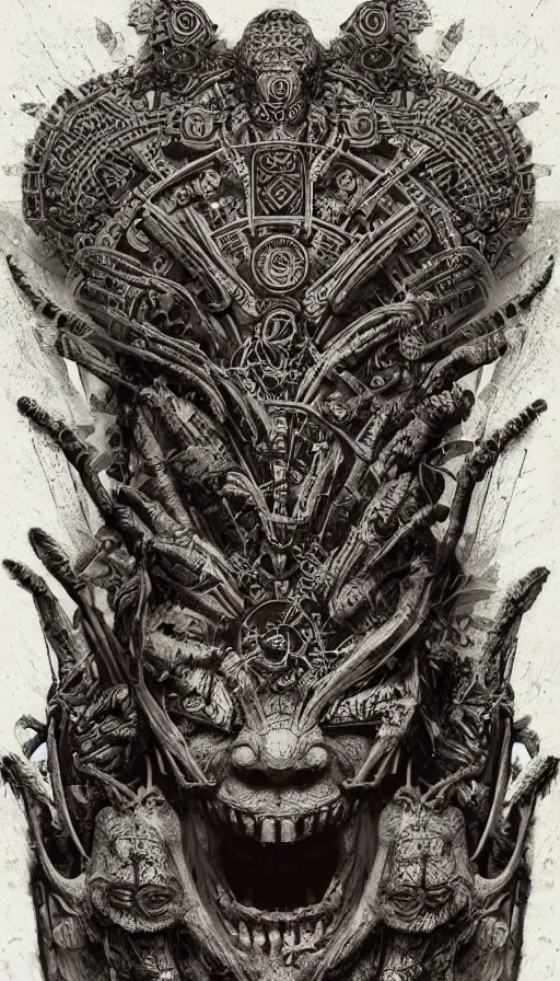 Prompt: ancient biomechanical hybrid aztec fantasy beautiful shaman symmetrical human face immortal mask tattoo pattern concept, teonanacatl glyph, intricate artwork by, Johnatan Wayshak, Zdizslaw Beksinski, face by Artgerm, H.R. Giger, very coherent artwork, cinematic, hyper realism, high detail, octane render, unreal engine, 8k, High contrast, higly detailed black ink outline, crosshatch sketch gradient