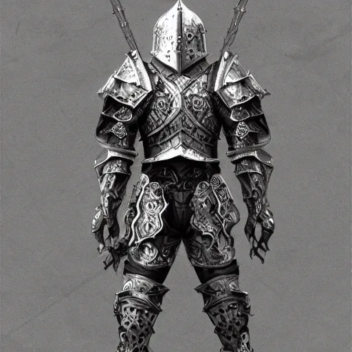 Prompt: gothic knight, intricate etched armor, standing astride a gate, artstation, in the style of Lucia Hsiang, clean