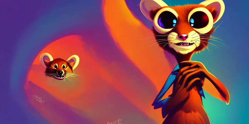 Image similar to curved perspective, extreme narrow, extreme fisheye, digital art of a marten animal cartoon character wearing a wig a jewlery by anton fadeev from nightmare before christmas