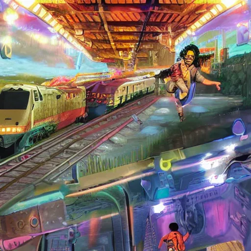 Image similar to Gutter punks hopping a train on the interdimensional railway. Detailed 8k masterpiece.