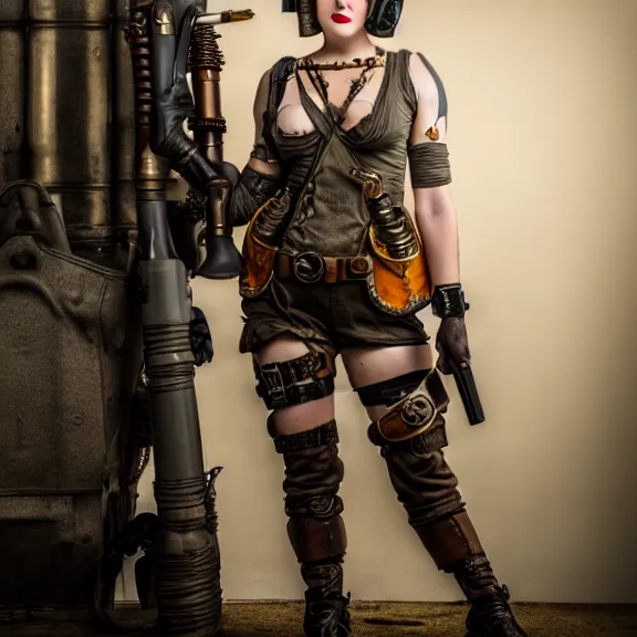 Image similar to full length photo of a very beautiful female dieselpunk warrior, 8 k, hdr, smooth, sharp focus, high resolution, award - winning photo