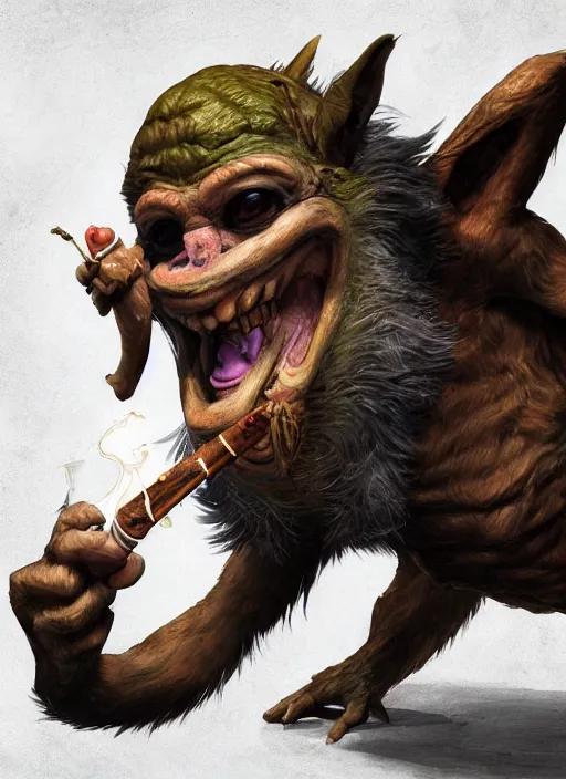 Image similar to pathfinder 2 e bestiary illustration of a protagonist goblin mixed with a monkey smoking a cigar, pirate themed, character portrait, unreal engine, hyper realism, realistic shading, cinematic composition, realistic render, octane render, detailed textures, studio lighting, photorealistic, wide shot