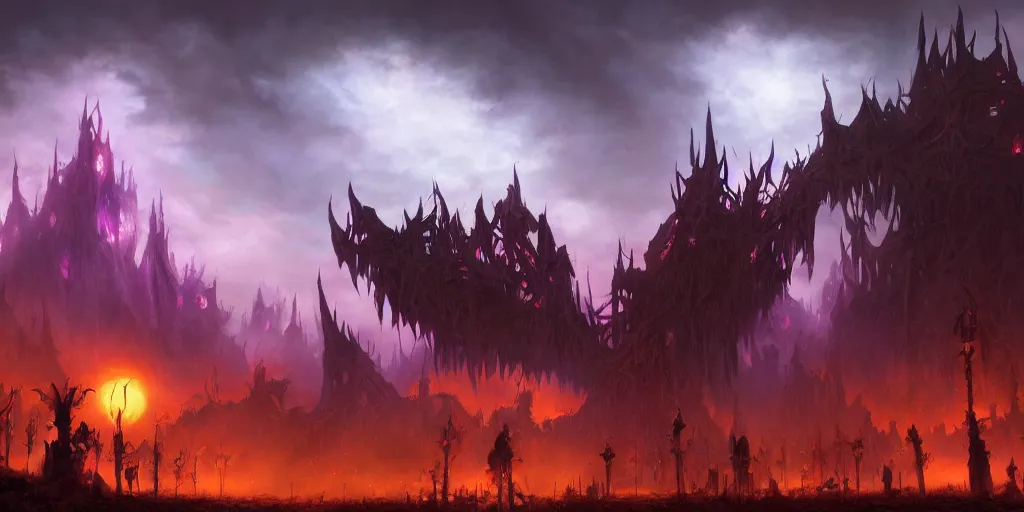 Image similar to a dark fantasy matte painting of a dark evil carnival circus silhouetted by an evil dramatic sky, jeff easly, keith parkinson, world of warcraft, league of legends