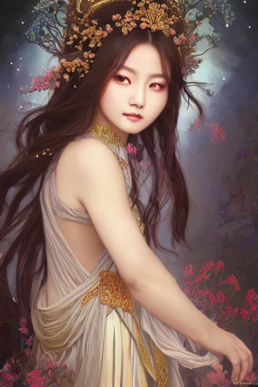 Prompt: beautiful and holy and divine young heroine portrait like twice tzuyu+happy+smoky eyes+front face with light flowing hai, ultradetail face, art and illustration by tian zi and WLOP and alphonse mucha, fantasy, intricate complexity, chinese, goddess, human structure, fantasy character concept, watermark, blurry, hyperrealism 8k