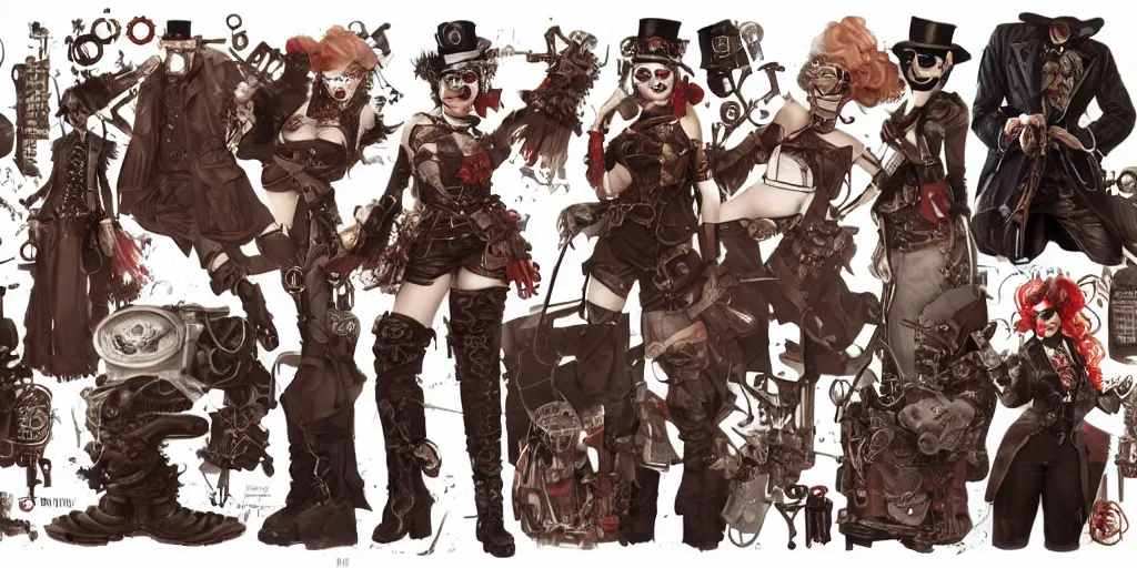 Image similar to steampunk harley quinn, character sheet, concept design, contrast, kim jung gi, greg rutkowski, zabrocki, karlkka, jayison devadas, trending on artstation, 8 k, ultra wide angle, pincushion lens effect