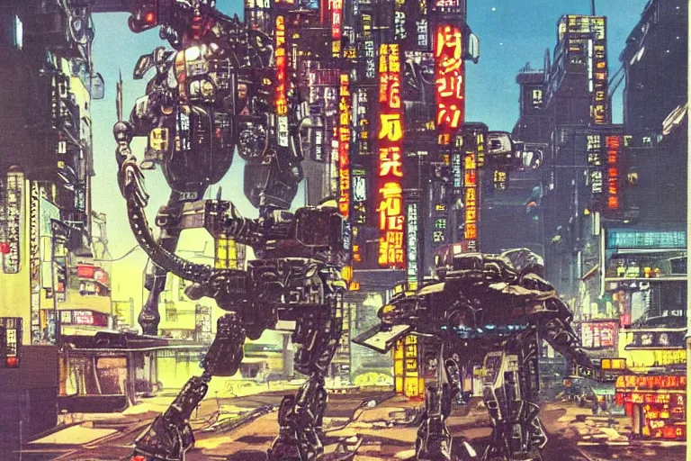 Prompt: 1 9 7 9 science fiction depicting mechwarrior walking at street level in neo - tokyo with beautiful scenery. art by tim conrad and vic bonilla