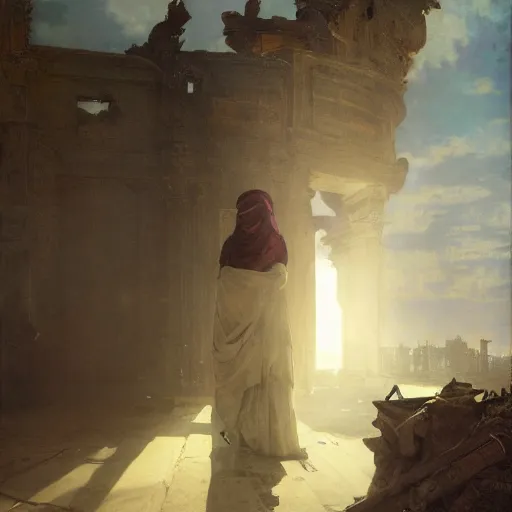 Image similar to half portait of magican wearing a closed cowl and big old book! chained to the wrist, jeremy mann, jean - leon gerome, tiepolo, alphonse mucha, greg rutkowski, face in the shadows, ( ( ruins of ancient rome ) ), at dusk, mysterious atmosphere, sunrays, dof, high detailed, 8 k