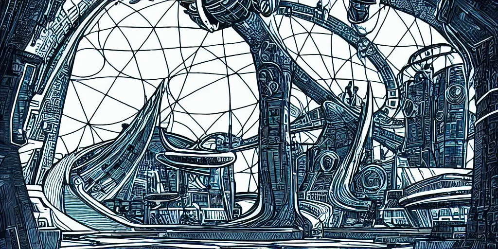 Image similar to tarot card of futuristic space port in the style disneys world of tomorrow, retro line art, path traced